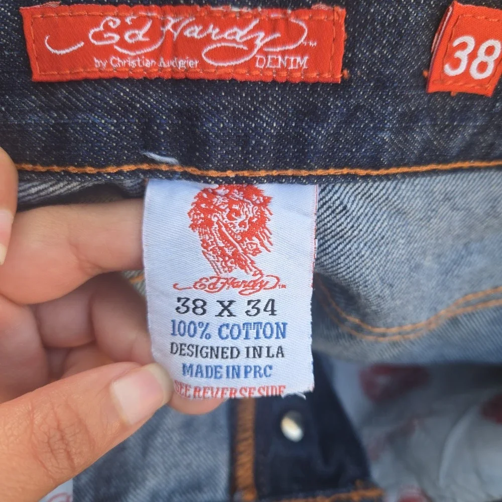 VTG Ed Hardy Christian Audigier Tiger Embroidered Baggy‎ Denim Jeans Mens 38x34